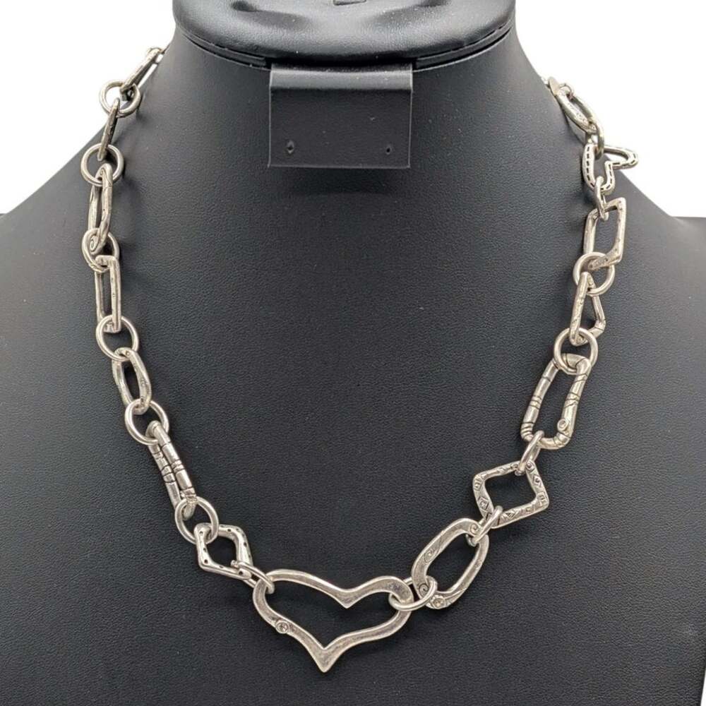 Chico's Silver Tone Abstract Heart Geometric Textured Link Chain Necklace